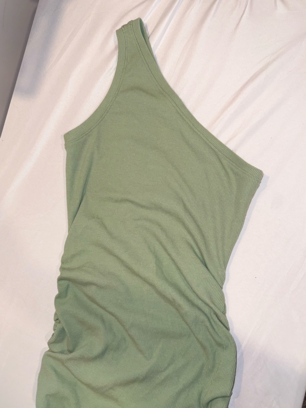 Lulu's One-Shoulder Sage Green Ribbed Tank Ruched Short Dress Size Large - Picture 14 of 16
